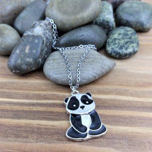 Panda Bear Charm and Silver Tone Chain Necklace